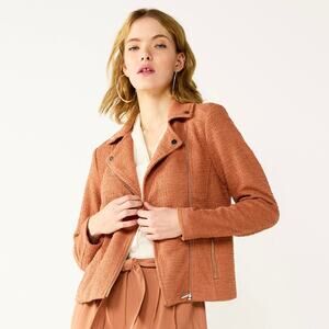 Nine West Women's Mocha Textured Knit Asymmetrical Zip Pockets Moto Jacket Mediu